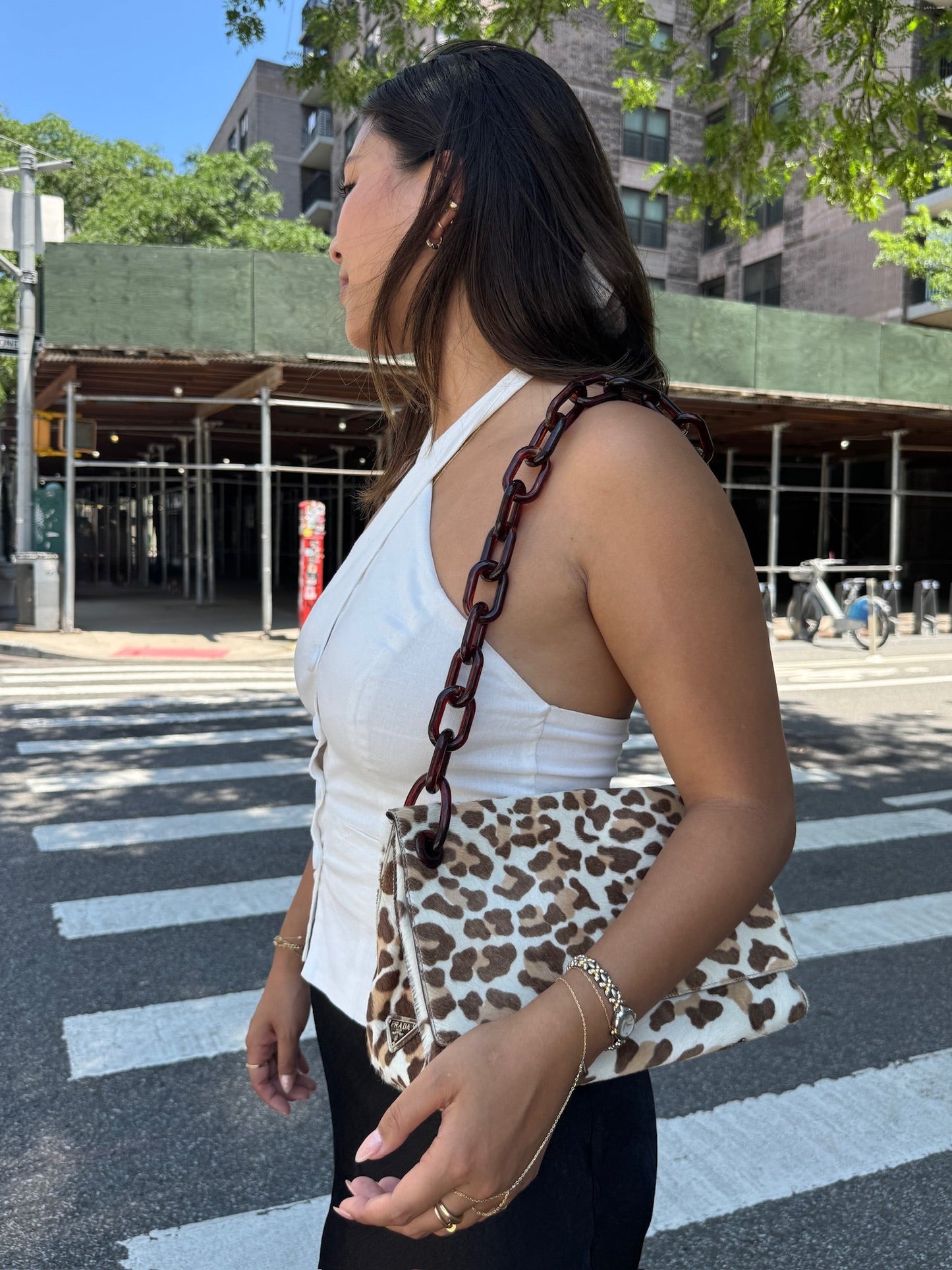 Prada Vintage White & Brown Pony Hair Leopard Resin Tortoise Chain Link Handle Shoulder Bag