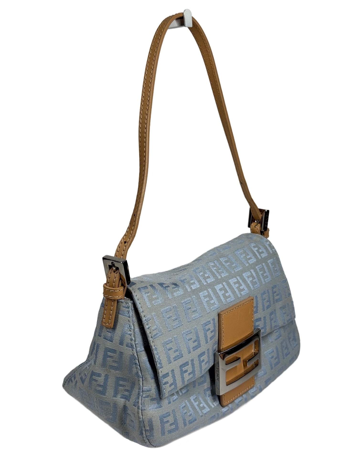 Fendi Vintage Baby Blue Zucca Zucchino Monogram Mini Mamma Forever Baguette Shoulder Bag