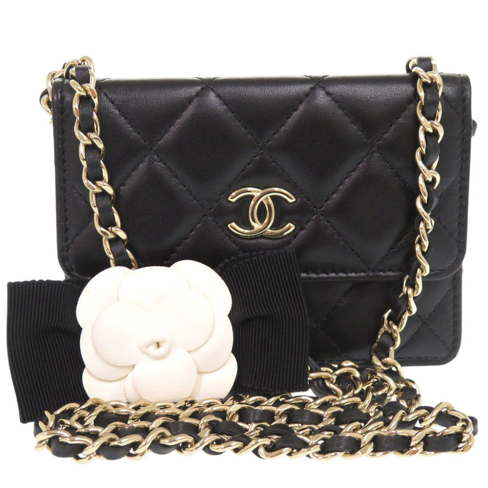 CHANEL Shoulder Bag lambskin black Matelasse Camellia COCO Mark Ribbon
