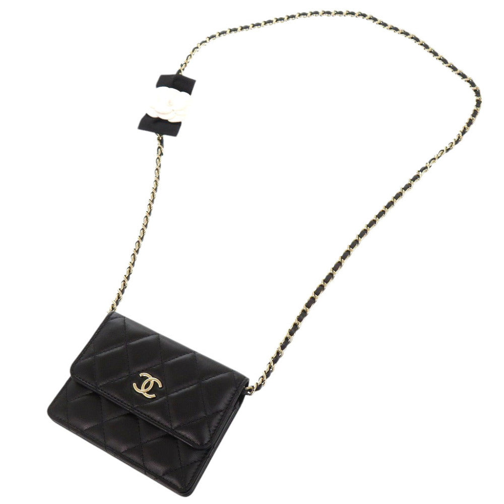 CHANEL Shoulder Bag lambskin black Matelasse Camellia COCO Mark Ribbon