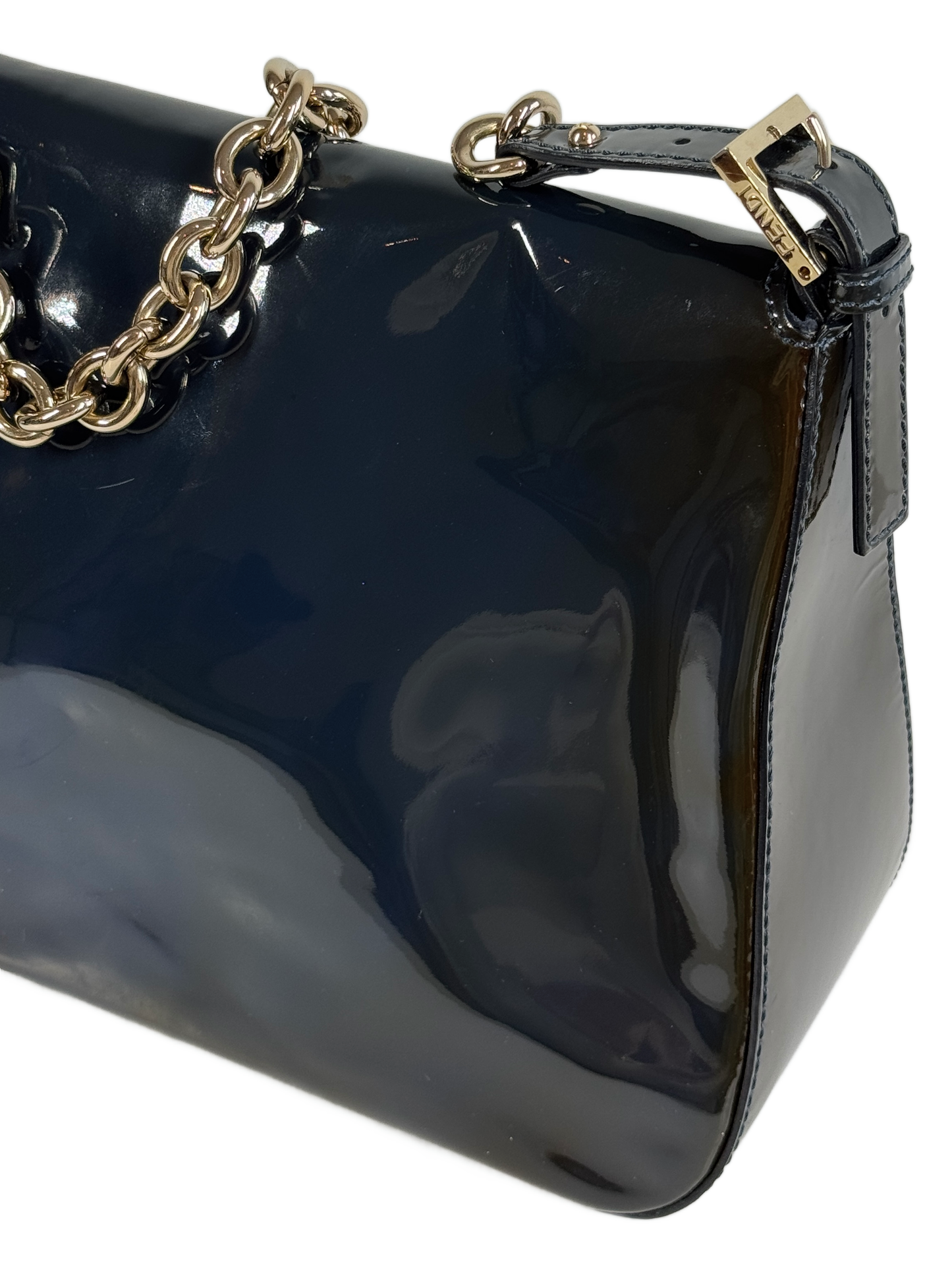Fendi Navy Blue Patent Leather Forever Mama Baguette Chain Strap Shoulder Bag