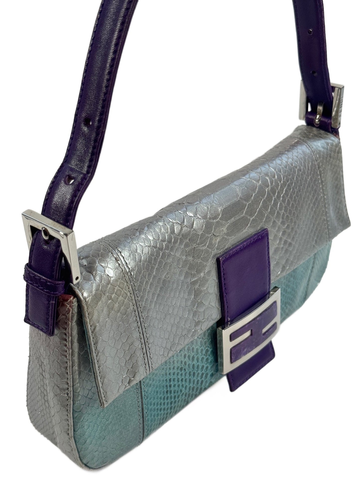 Fendi Vintage Silver Blue Purple Fuchsia Ombré Snakeskin Baguette Shoulder Bag