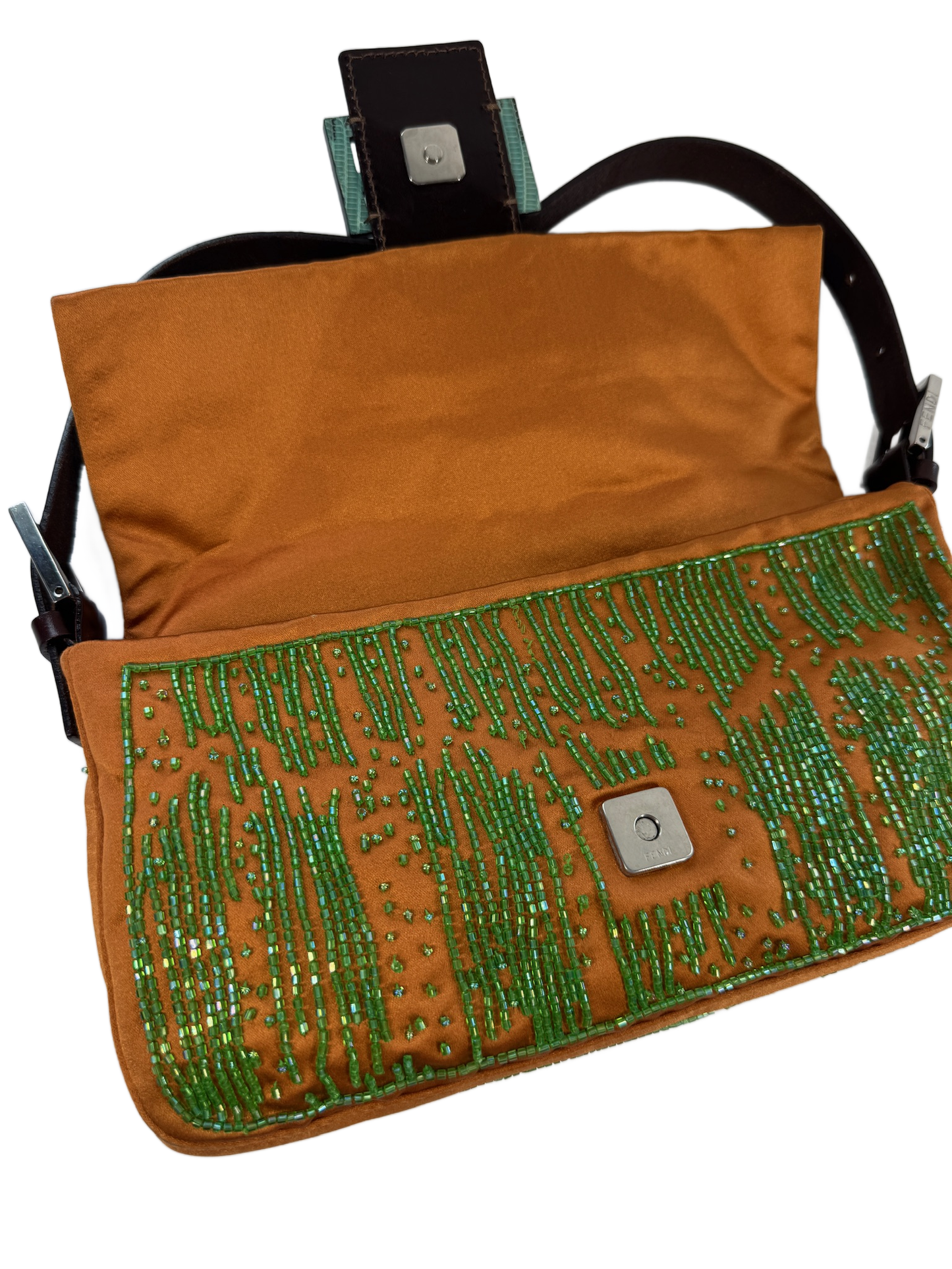 Fendi Vintage Orange Satin Green Beaded Lizard Logo Shoulder Baguette Bag