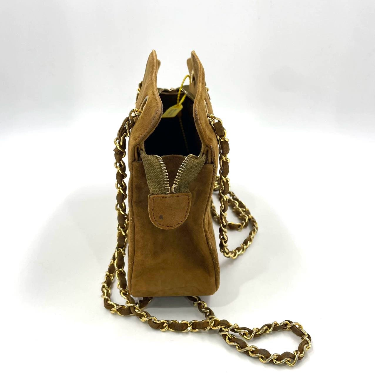 Chanel Matelasse Tan Brown Suede Gold Double Chain Coco Charm Medium Shoulder Bag