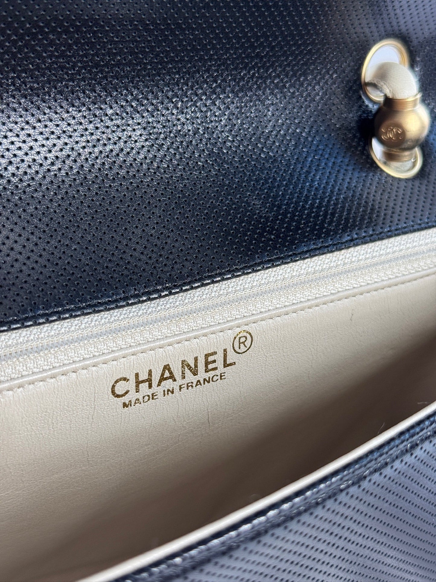 Chanel Vintage 00s Two-Toned Black & White Perforated Leather Classic Flap Bag w Aged Gold Hardware