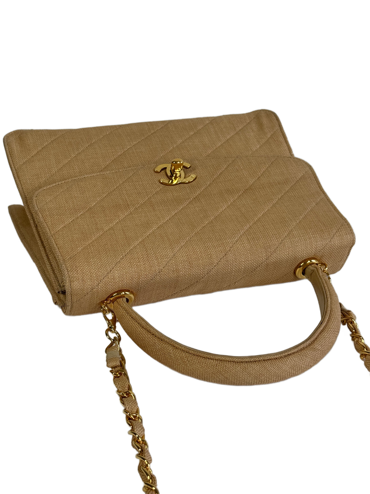 Chanel Vintage 90s Beige Linen Medium Kelly Top Handle & Shoulder Bag