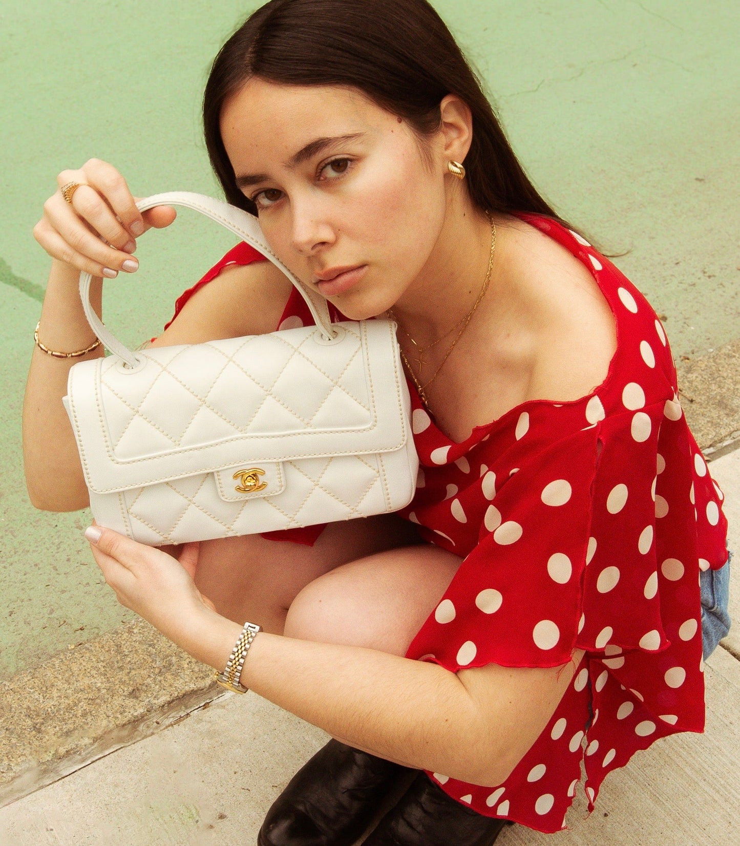 Chanel Vintage 2005 White Quilted Calfskin Leather Wild Stitch Medium Top Handle Classic Flap Bag w 24K Gold Plated Hardware