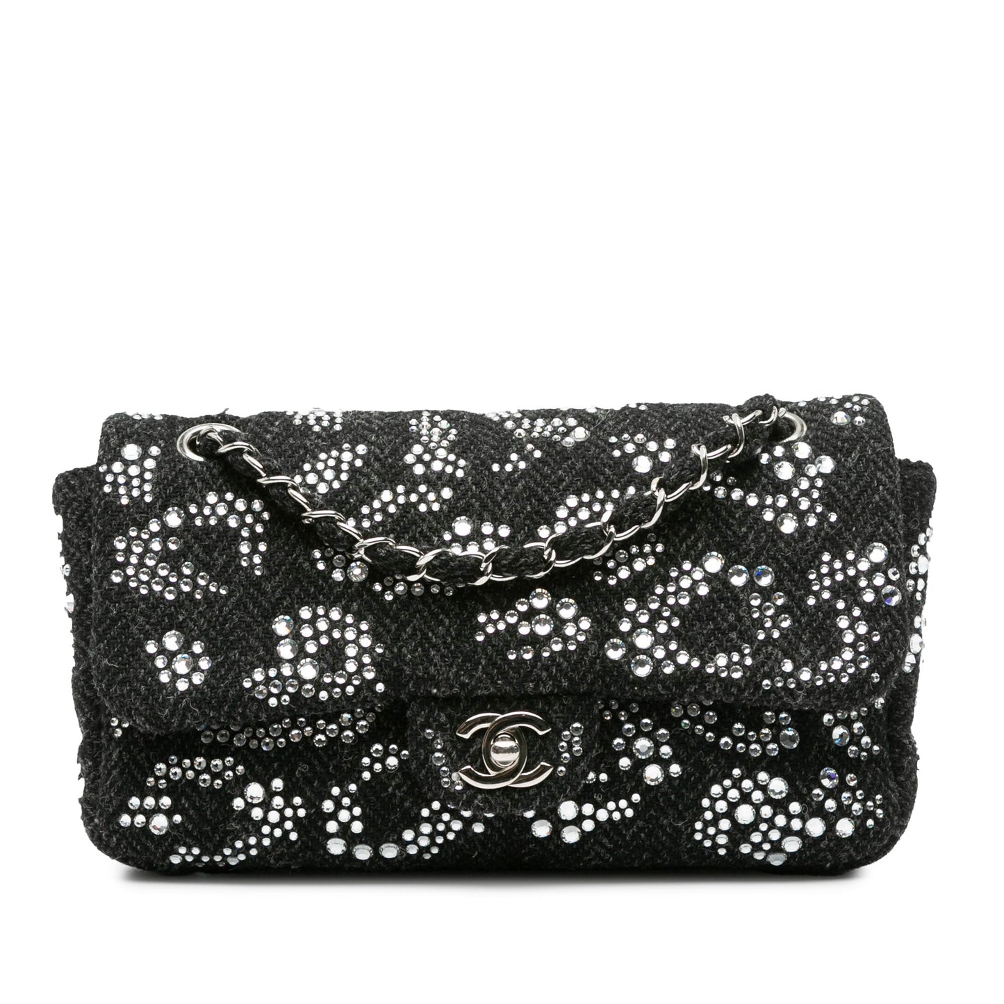 Black Chanel Medium Strass Embellished Tweed Single Flap Shoulder Bag