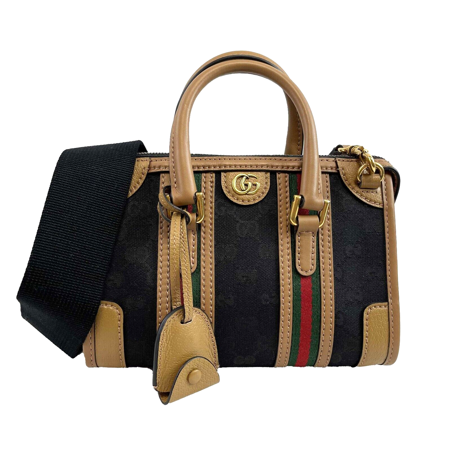 GUCCI GG Canvas Linea Bauletto Plaque Mini Top Handle Crossbody Black/Brown