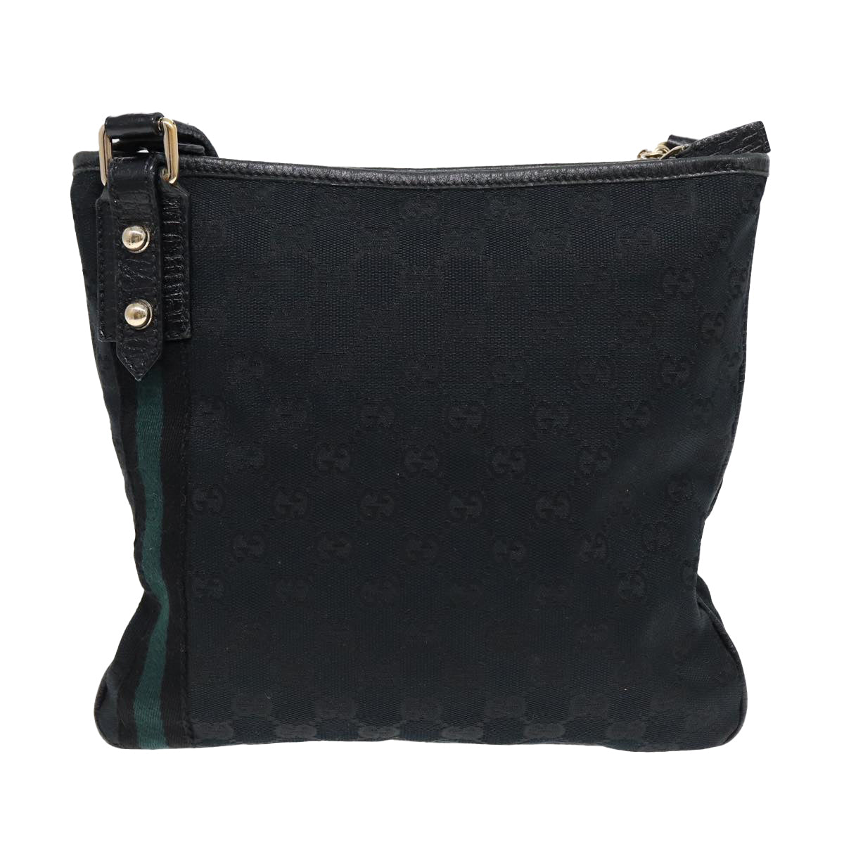 GUCCI GG Canvas Sherry Line Shoulder Bag Black Gold Green 144388 Auth 85991