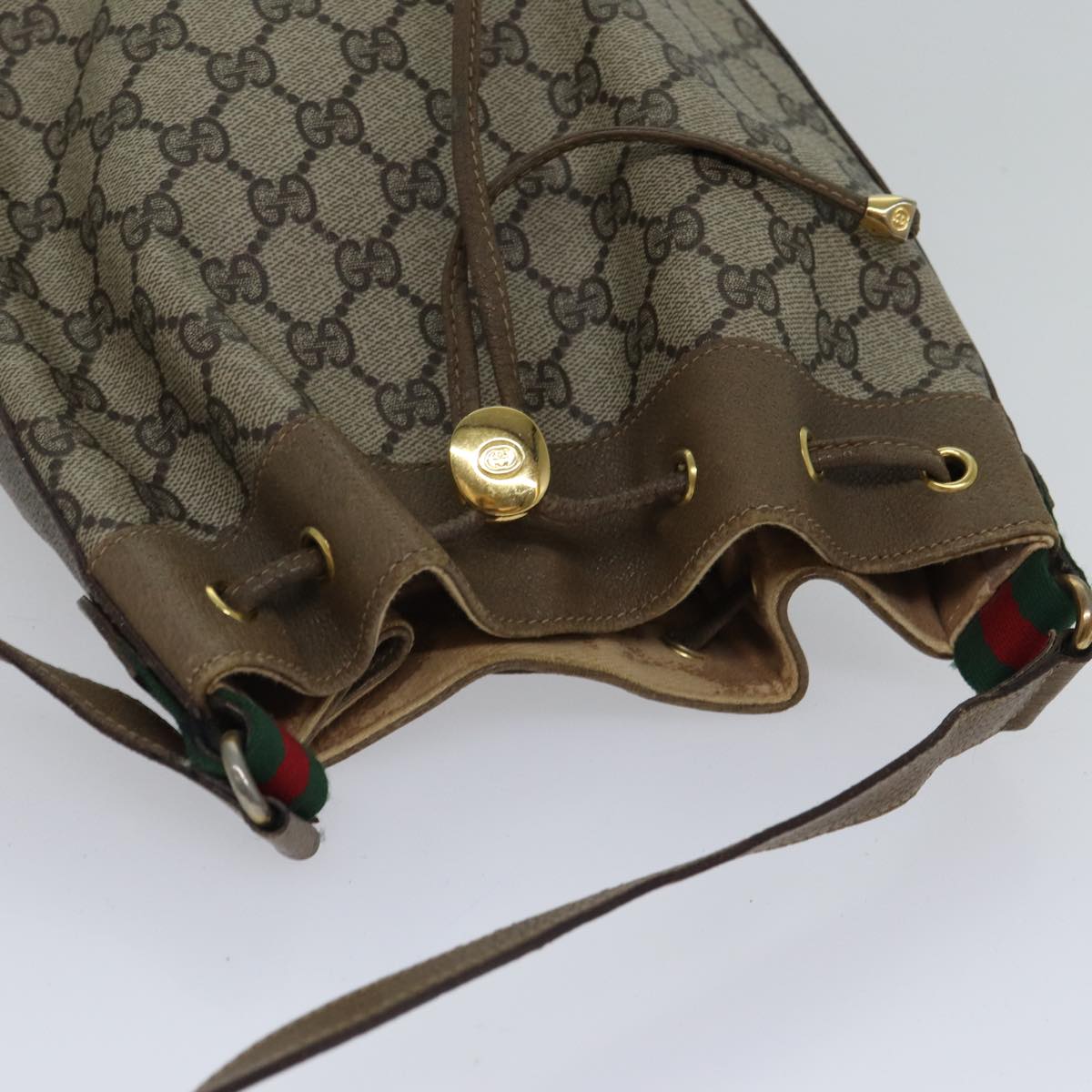 GUCCI GG Supreme Web Sherry Line Shoulder Bag PVC Beige Gold Auth 86046