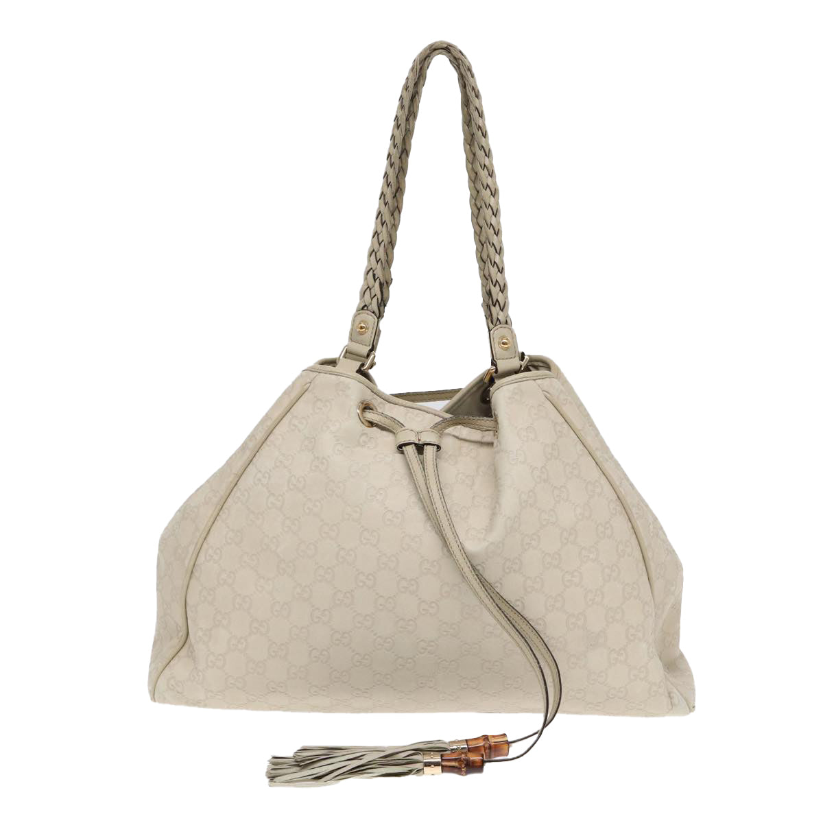 GUCCI GG Canvas ssima bamboo Shoulder Bag Leather White Gold Auth 87104