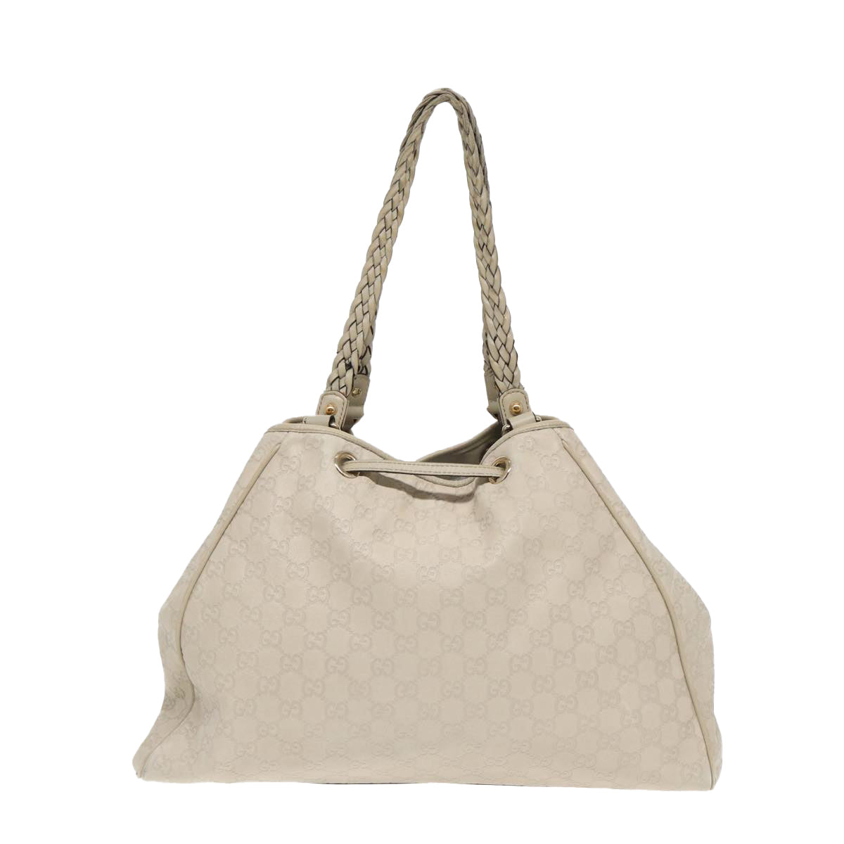 GUCCI GG Canvas ssima bamboo Shoulder Bag Leather White Gold Auth 87104