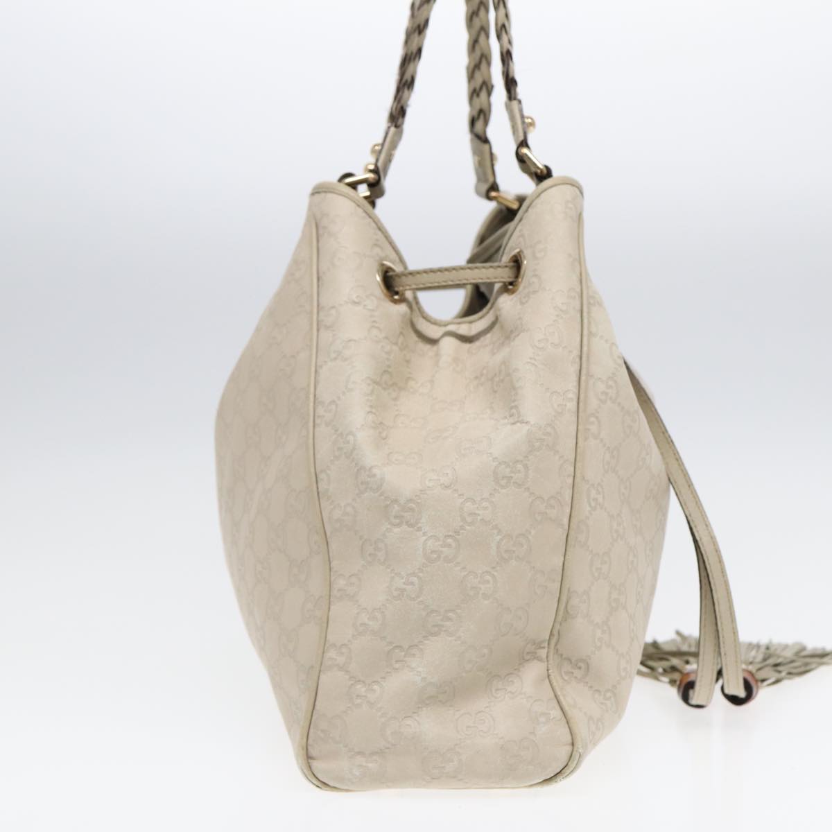 GUCCI GG Canvas ssima bamboo Shoulder Bag Leather White Gold Auth 87104