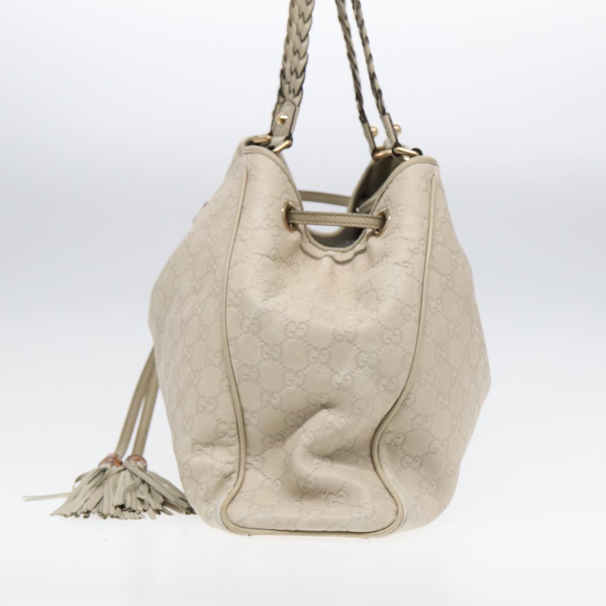 GUCCI GG Canvas ssima bamboo Shoulder Bag Leather White Gold Auth 87104