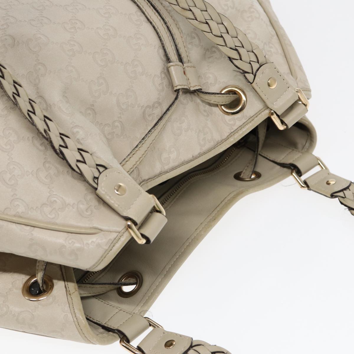 GUCCI GG Canvas ssima bamboo Shoulder Bag Leather White Gold Auth 87104