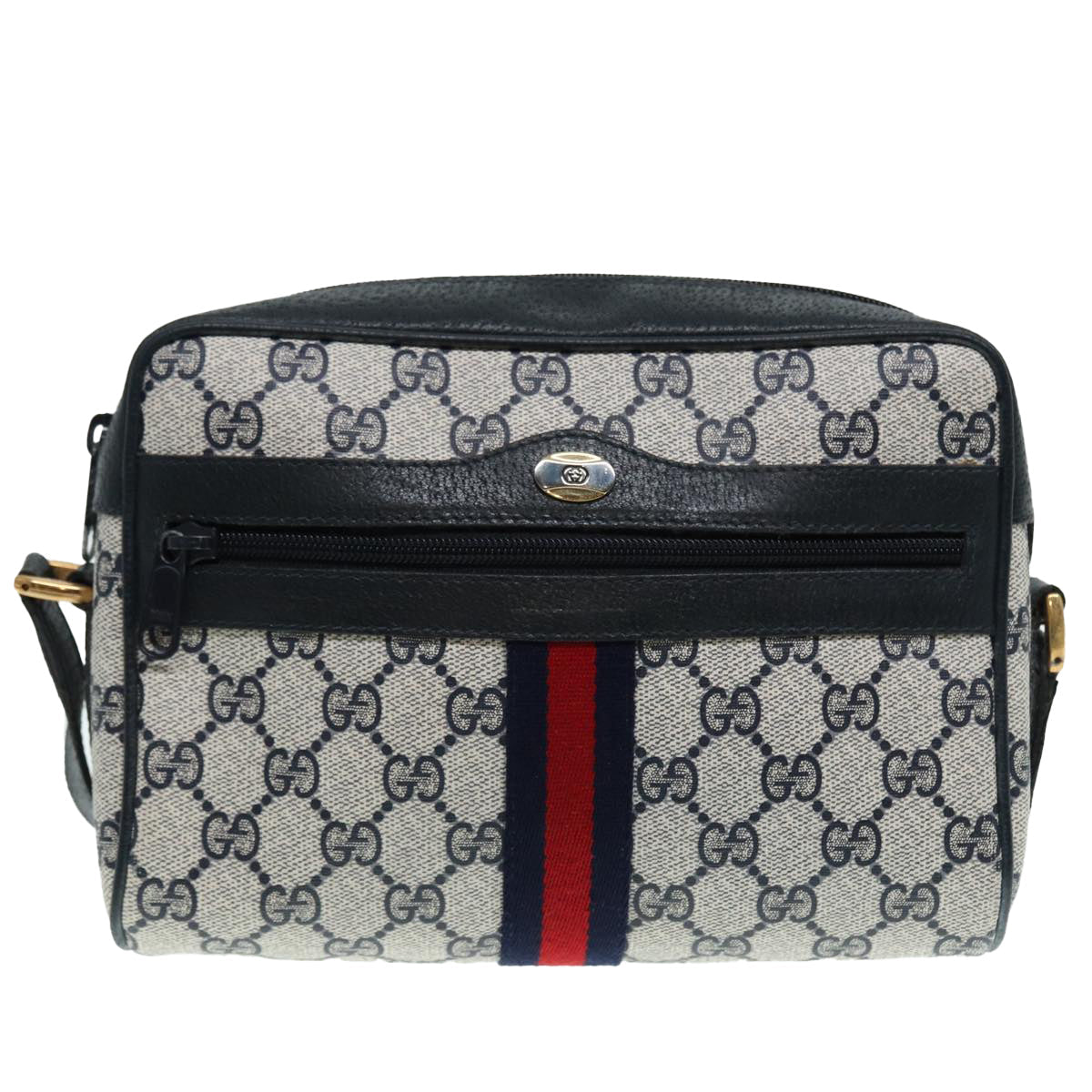 GUCCI GG Supreme Sherry Line Shoulder Bag PVC Navy Gold Red 98 02 004 Auth 88732