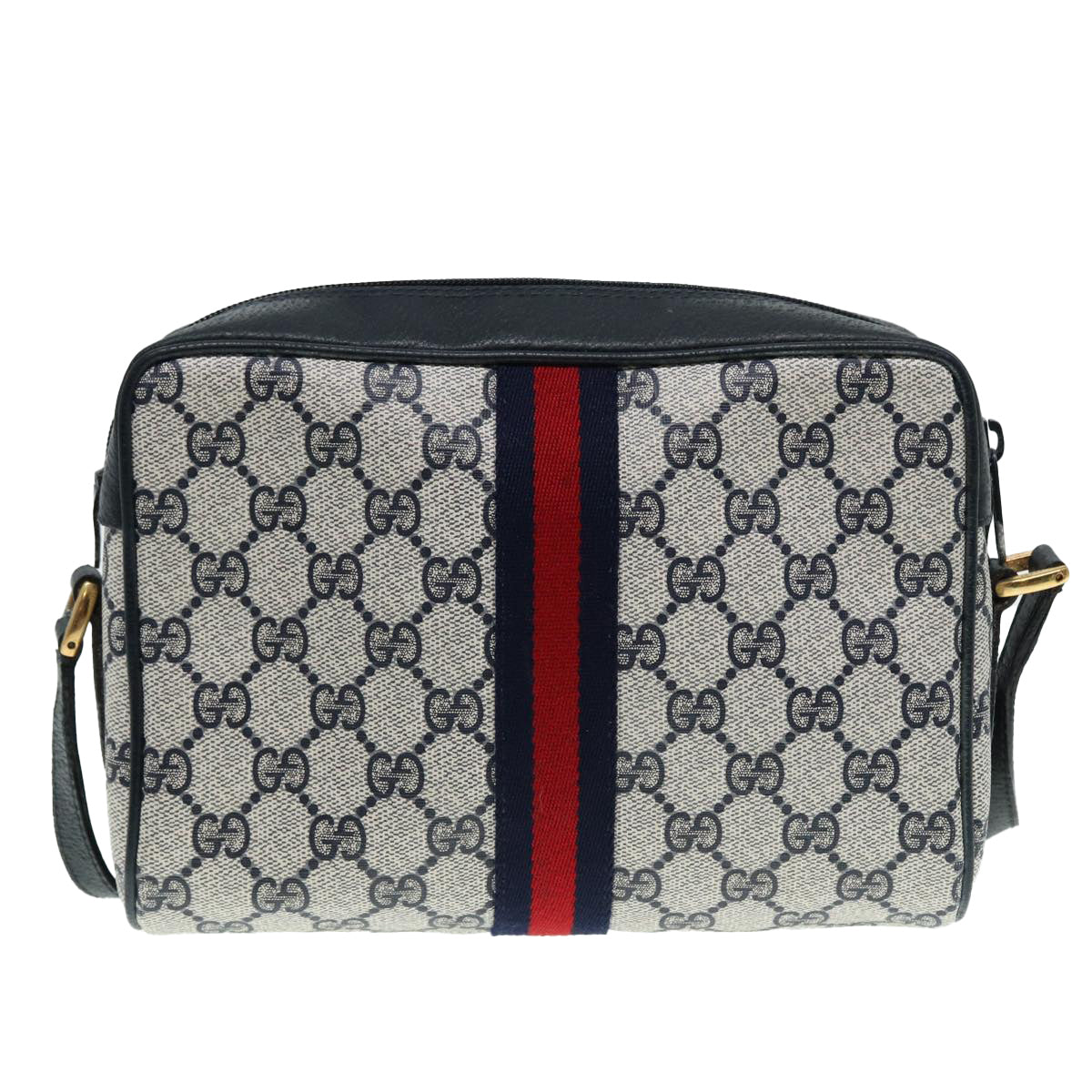GUCCI GG Supreme Sherry Line Shoulder Bag PVC Navy Gold Red 98 02 004 Auth 88732