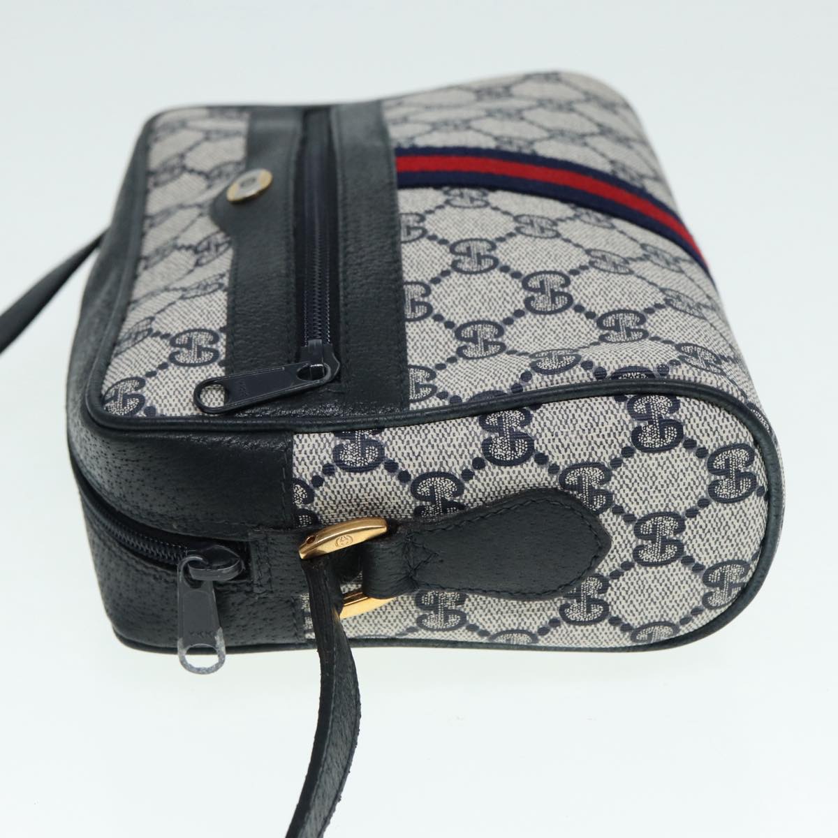 GUCCI GG Supreme Sherry Line Shoulder Bag PVC Navy Gold Red 98 02 004 Auth 88732