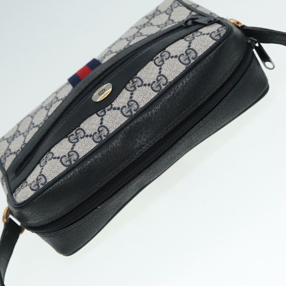 GUCCI GG Supreme Sherry Line Shoulder Bag PVC Navy Gold Red 98 02 004 Auth 88732