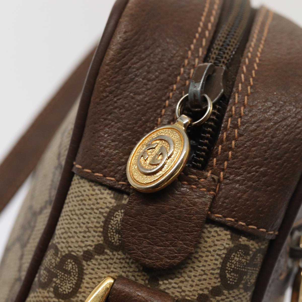 GUCCI GG Supreme Web Sherry Line Shoulder Bag PVC Beige Gold Auth 88744