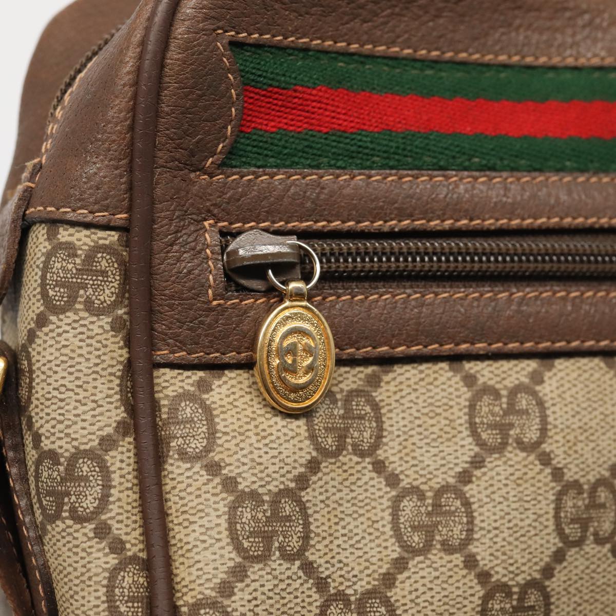 GUCCI GG Supreme Web Sherry Line Shoulder Bag PVC Beige Gold Auth 88744