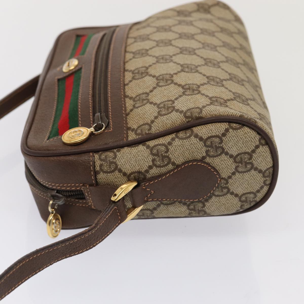 GUCCI GG Supreme Web Sherry Line Shoulder Bag PVC Beige Gold Auth 88744