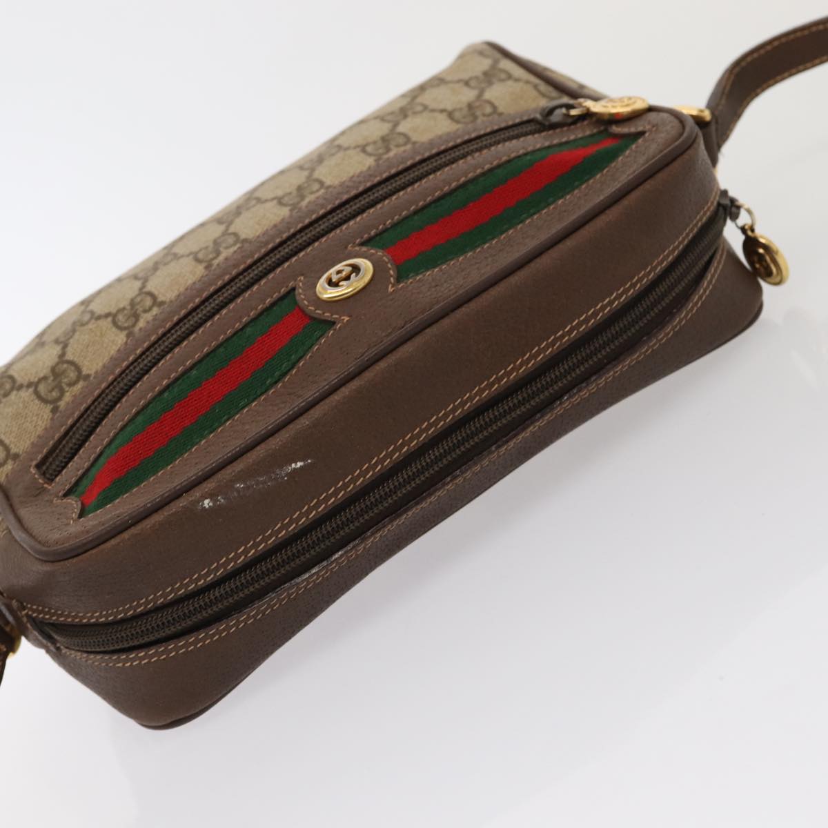 GUCCI GG Supreme Web Sherry Line Shoulder Bag PVC Beige Gold Auth 88744