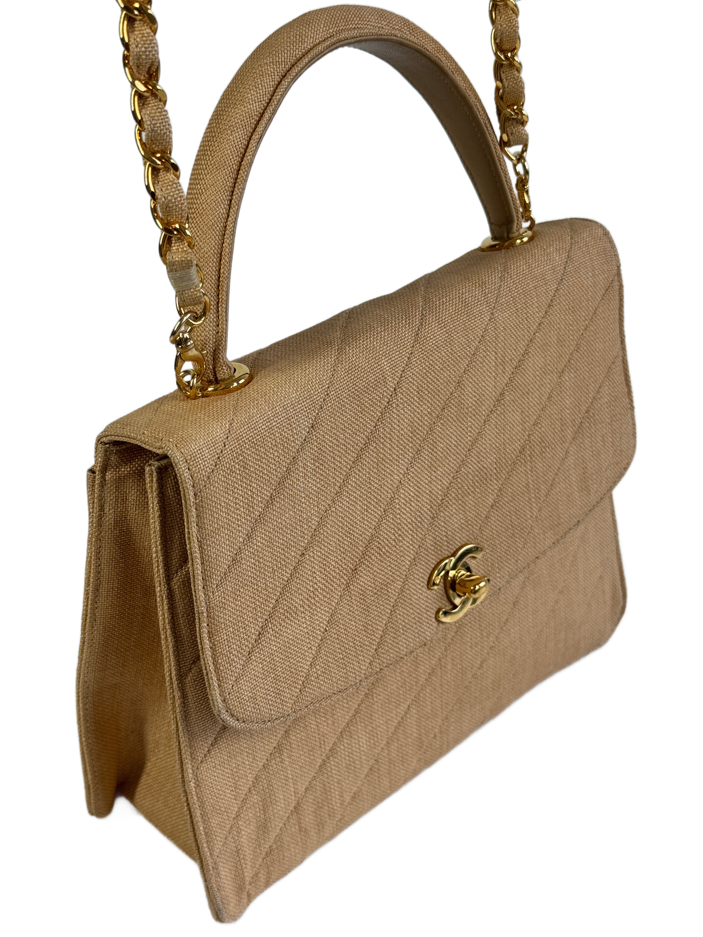 Chanel Vintage 90s Beige Linen Medium Kelly Top Handle & Shoulder Bag