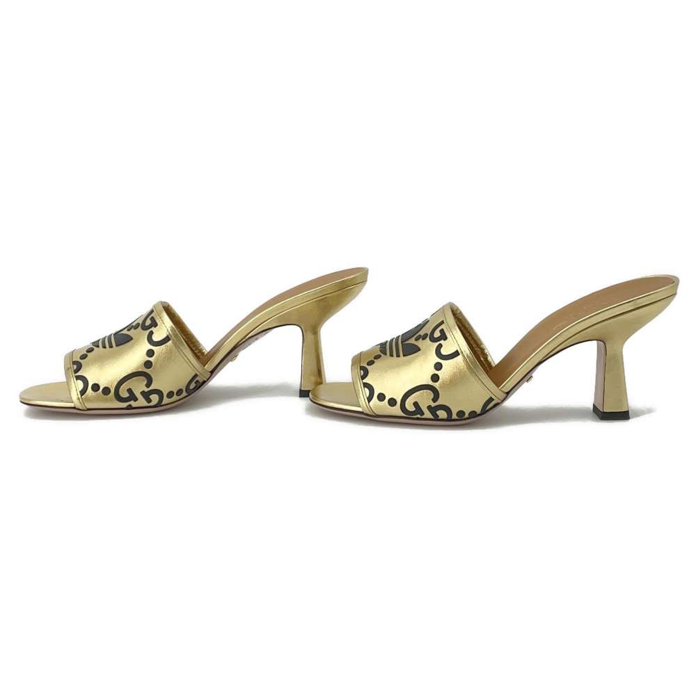 GUCCI Adidas Collaboration GG Logo Slide Sandals Gold/Black 722445 Leather Velour Size 38 1/2