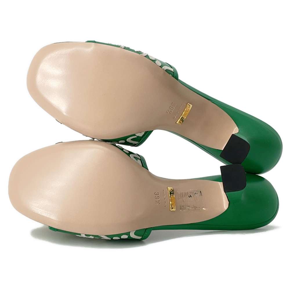 GUCCI Adidas Collaboration GG Logo Slide Sandals Green/White 722445 Leather Velour Size 39.5