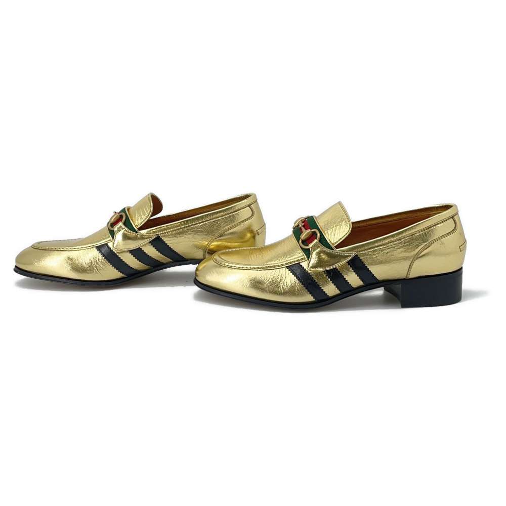 GUCCI Adidas Collaboration Horsebit Loafers Gold 702283 MetalicLeather Size 8