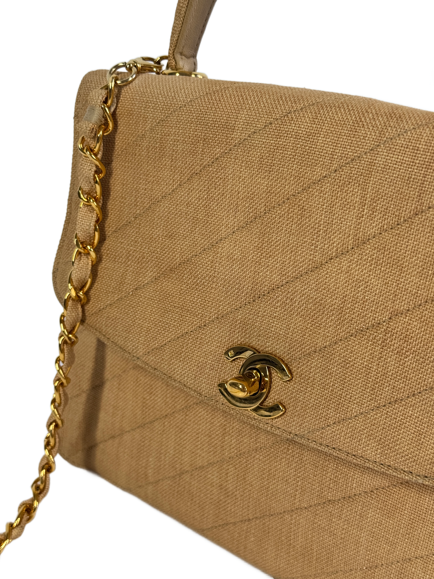 Chanel Vintage 90s Beige Linen Medium Kelly Top Handle & Shoulder Bag