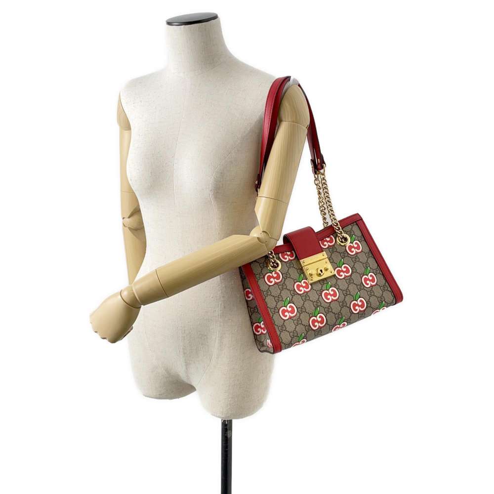 GUCCI GG Apple ChainShoulder Bag Beige/Red 498156 GG SupremeCanvas Leather