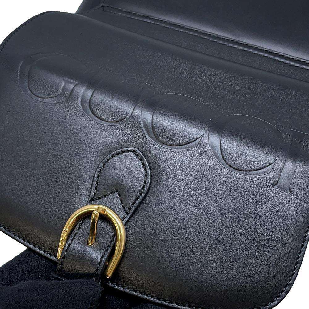 GUCCI Embossed Logo Buckle Shoulder Bag Black 675923 Leather