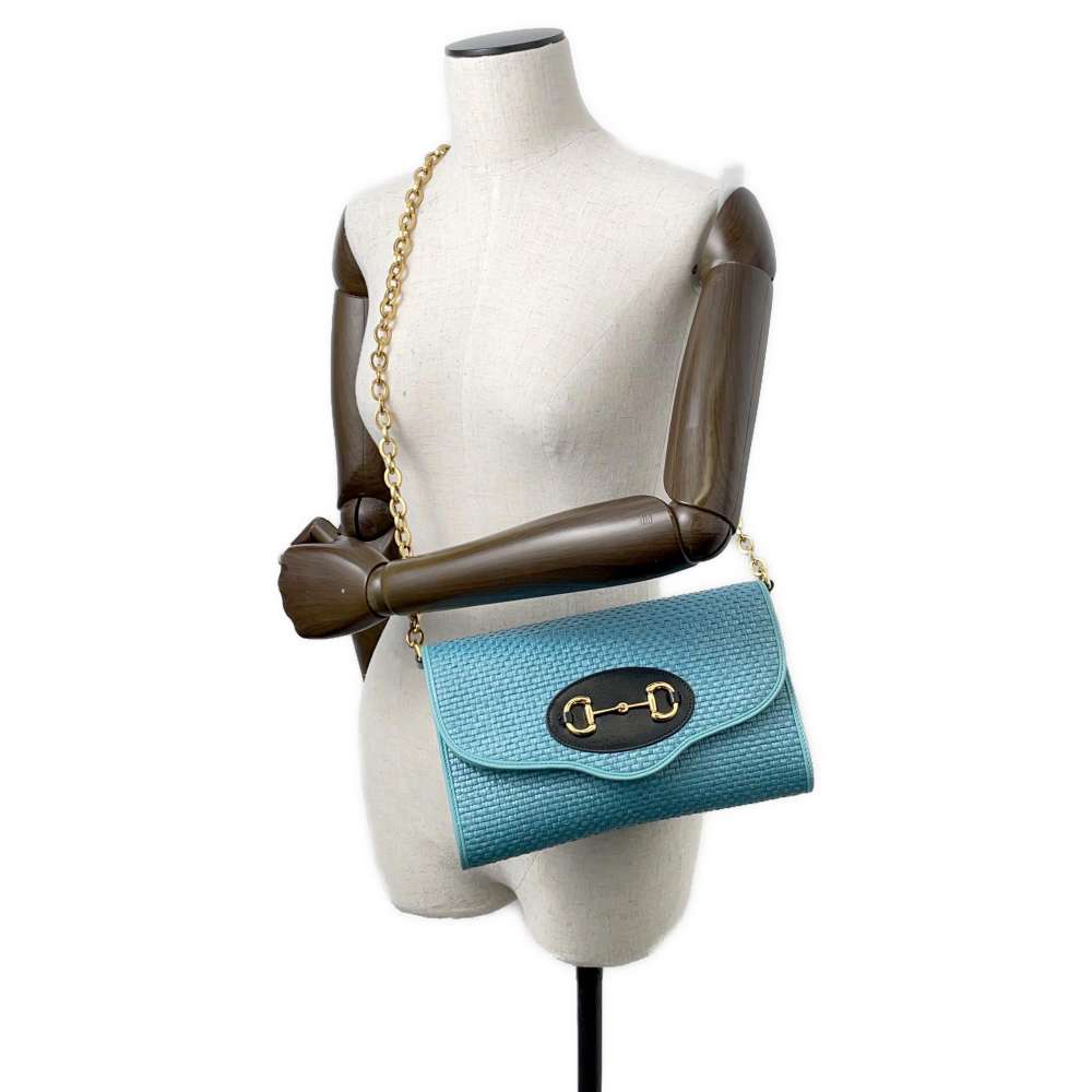 GUCCI Horsebit 1955 2wayChainShoulder Bag Blue 655667 Straw Leather