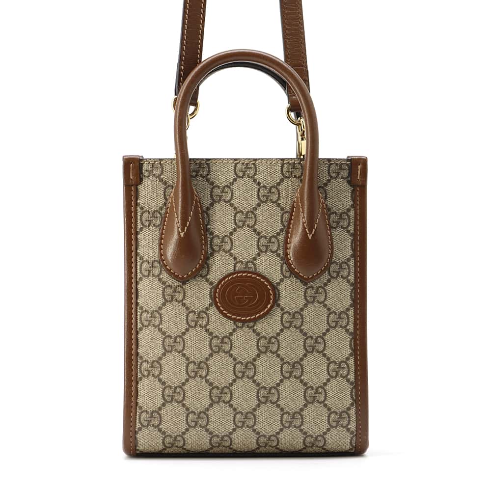 GUCCI Interlocking G 2WAY Mini Tote Bag Beige/Brown 671623 GG SupremeCanvas Leather
