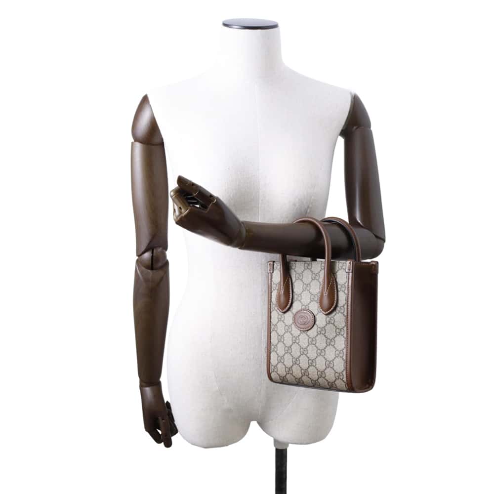 GUCCI Interlocking G 2WAY Mini Tote Bag Beige/Brown 671623 GG SupremeCanvas Leather