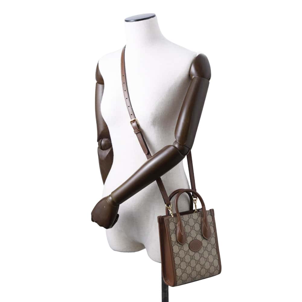 GUCCI Interlocking G 2WAY Mini Tote Bag Beige/Brown 671623 GG SupremeCanvas Leather