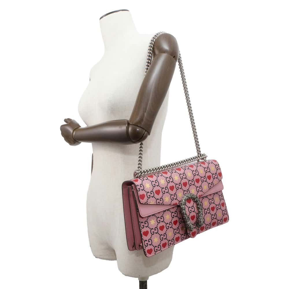 GUCCI Dionysus GG Supreme Heart Valentine ChainShoulder Bag Pink 400249 Leather Size Small