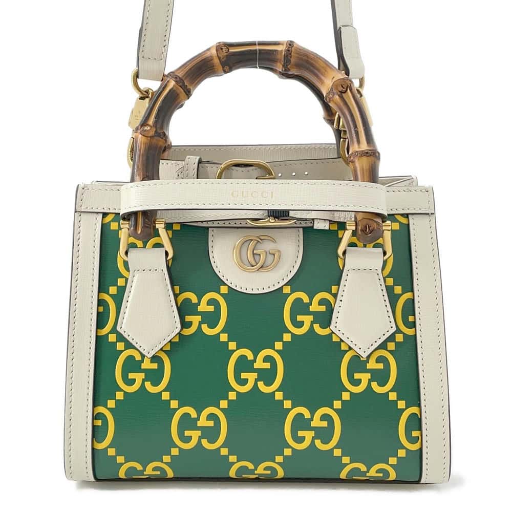 GUCCI Diana 2way Tote Bag White/Green/Yellow 655661 Leather Bamboo Size Mini