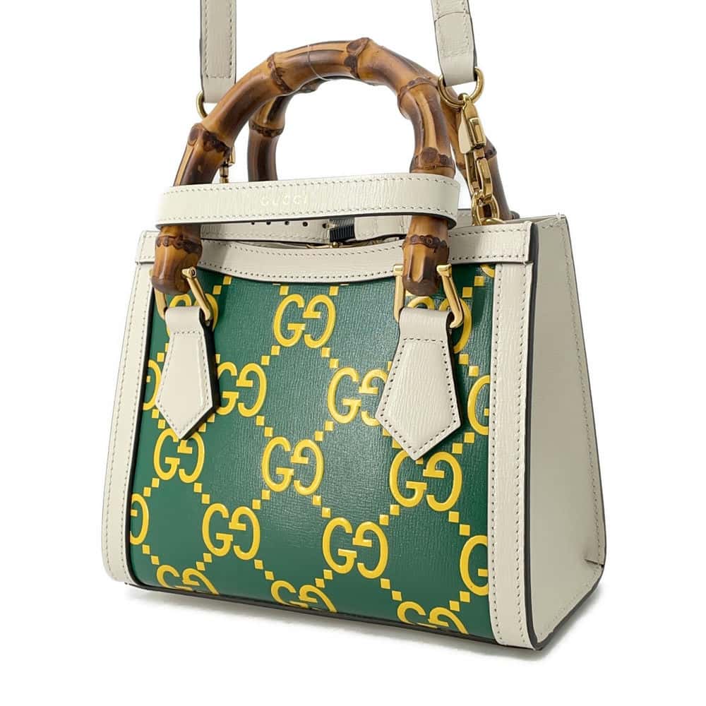 GUCCI Diana 2way Tote Bag White/Green/Yellow 655661 Leather Bamboo Size Mini