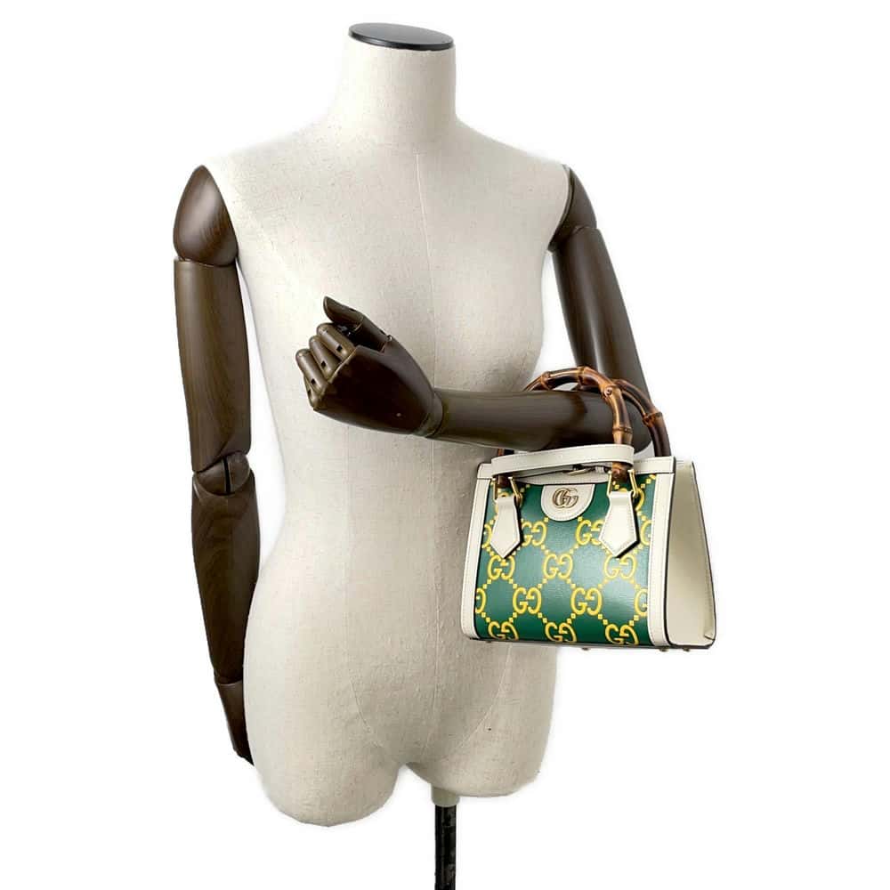 GUCCI Diana 2way Tote Bag White/Green/Yellow 655661 Leather Bamboo Size Mini