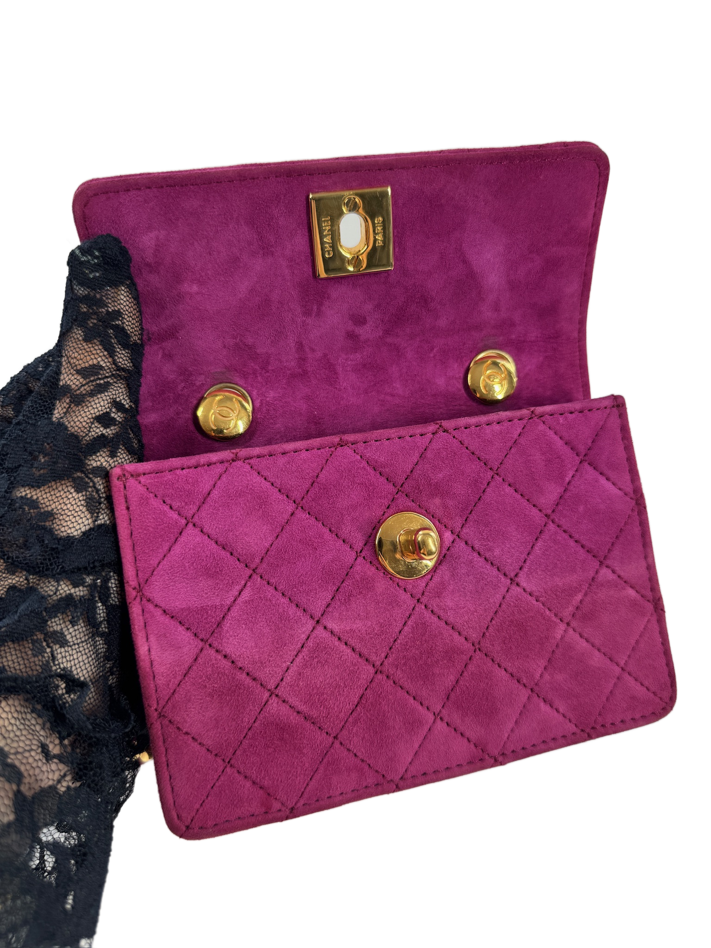Chanel Vintage 80s/90s Quilted Fuchsia Suede Micro Mini Flap Crossbody Bag w 24K Gold Plated Hardware