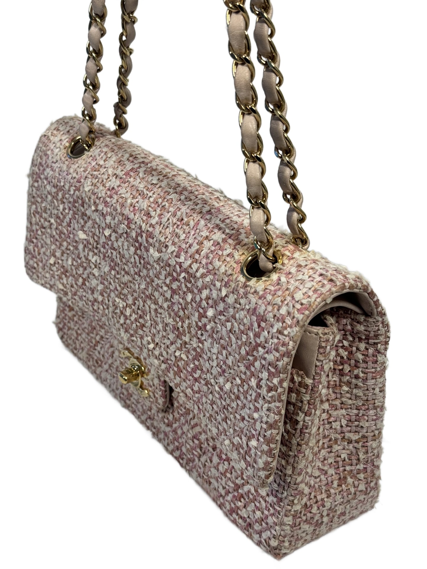 Chanel Vintage 2003 Baby Pink Tweed Medium Classic Double Flap Bag w 24K Gold Plated Hardware