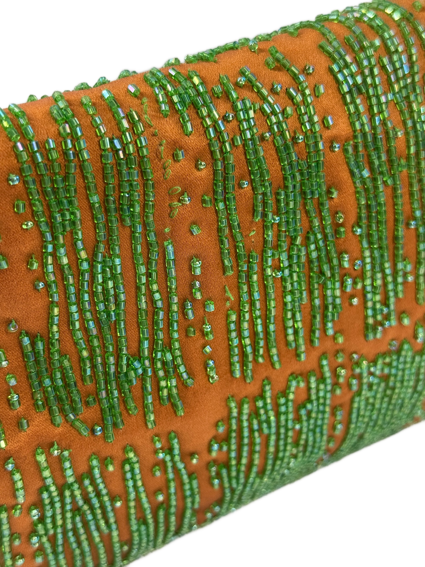 Fendi Vintage Orange Satin Green Beaded Lizard Logo Shoulder Baguette Bag