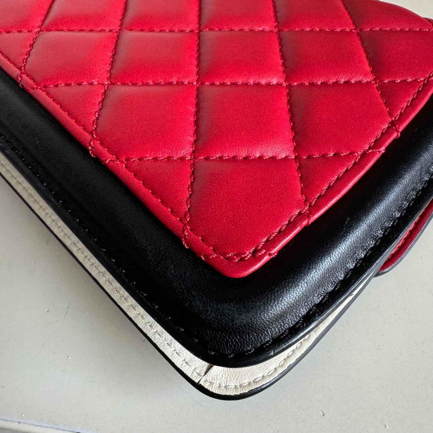 Chanel Baguette Flap Shoulder Bag Lambskin Red and Black Silver Double Chain
