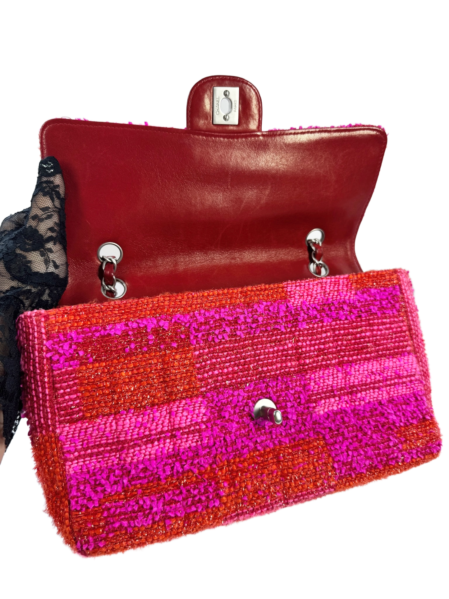 Chanel Vintage 00s Metallic Red & Pink Tweed Medium Classic Single Flap Bag w Matte Silver Hardware