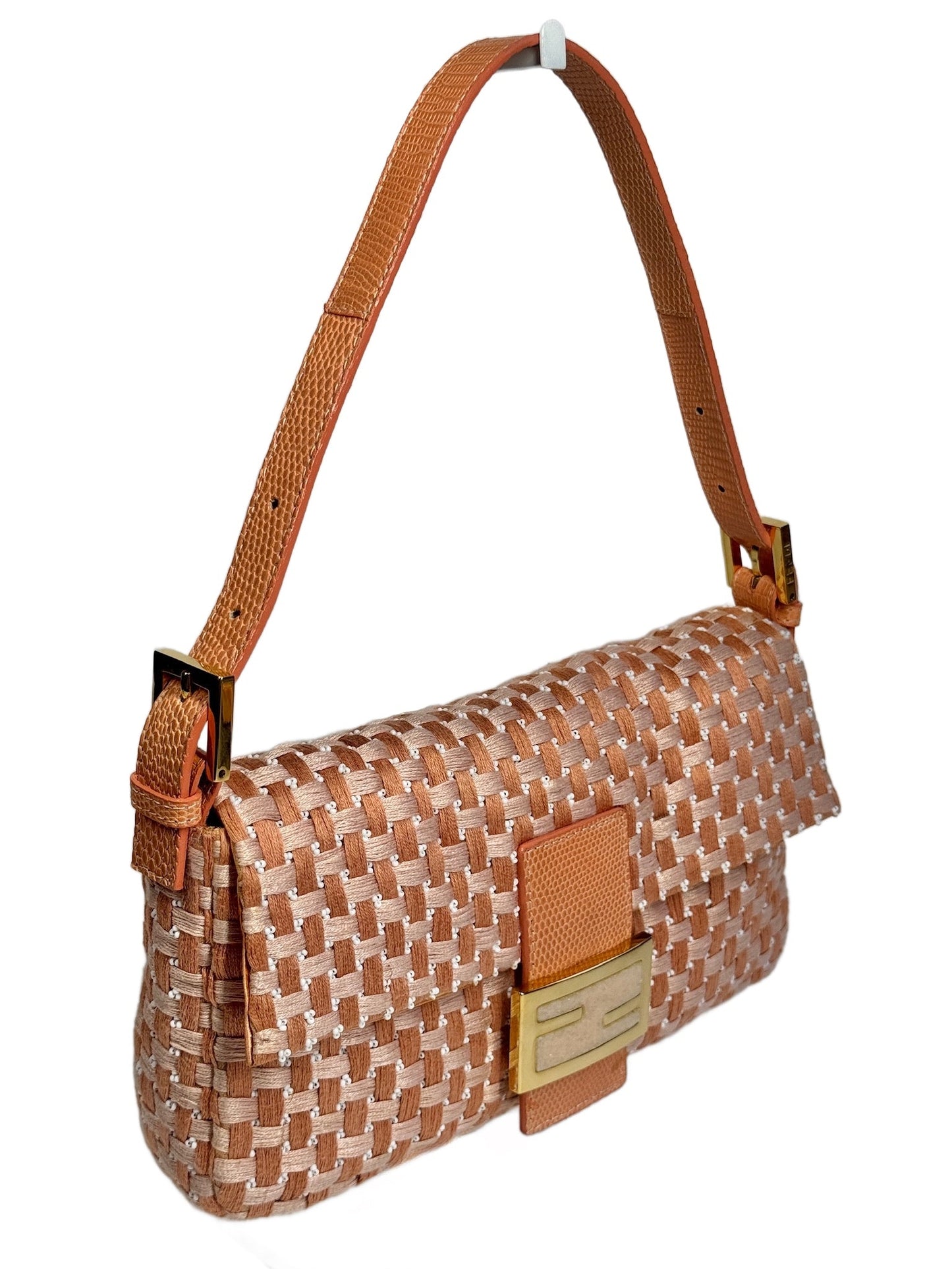 Fendi Vintage Peach Orange Woven Beaded Baguette Shoulder Bag w Quartz Logo & Crocodile Trim