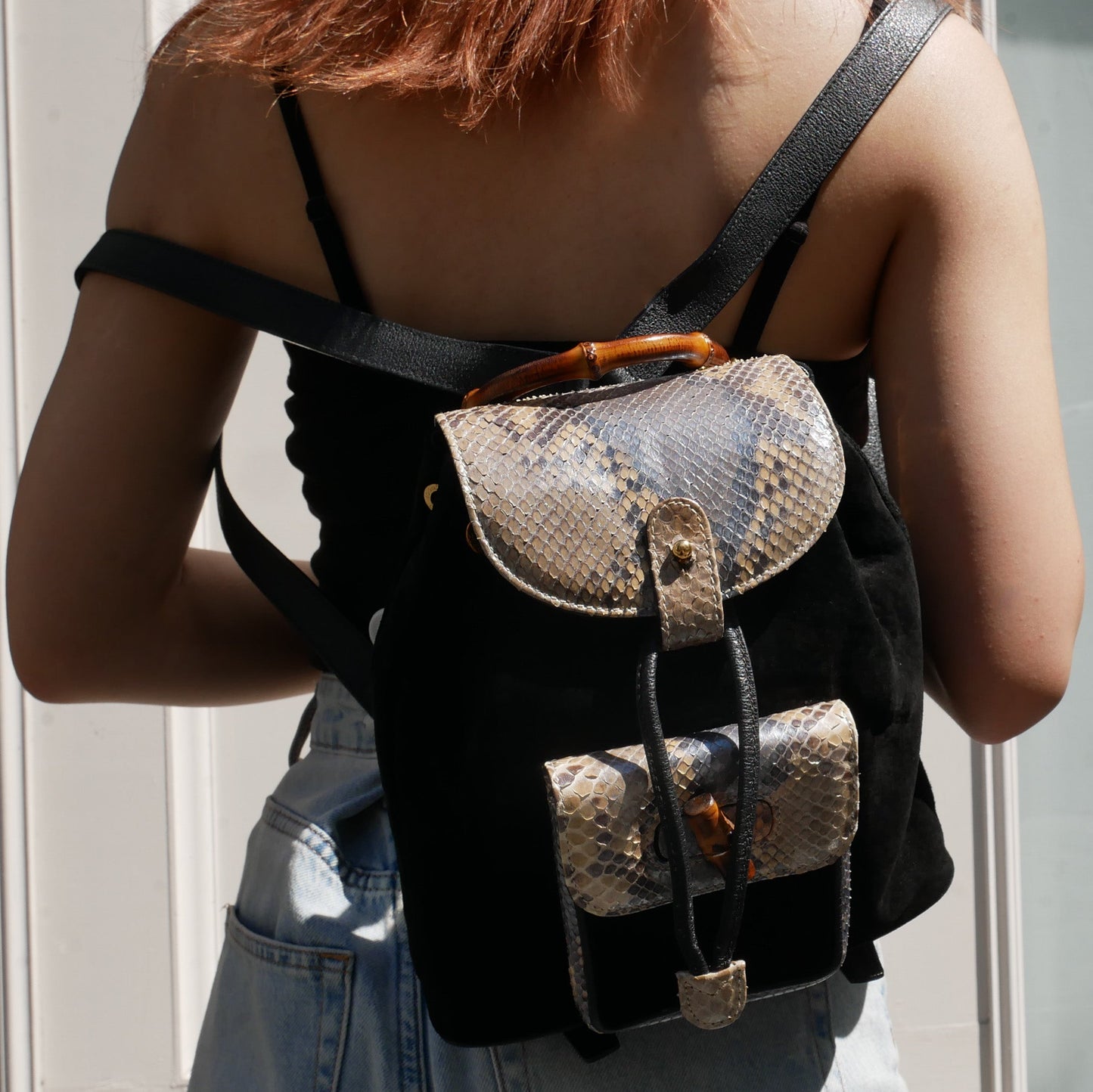 Gucci 1990's Black Suede Python Bamboo Backpack Small AK38542h